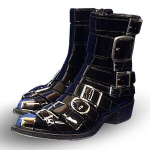 Alexander McQueen Black Patent Leather Pointed Toe Buckle Ankle Boots Size 40